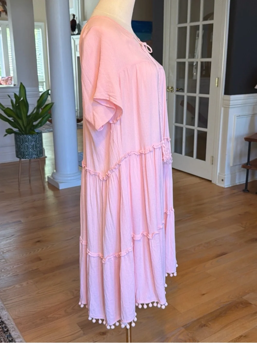 Emery Rose Boho Pink Tassel Tiered Dress Pom Pom Hem Medium (VGUC) - Picture 4 of 16